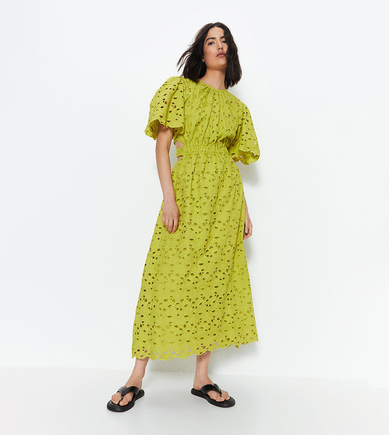 Buy Warehouse Broderie Puff Sleeves Tie Back Midi Dress In Lime