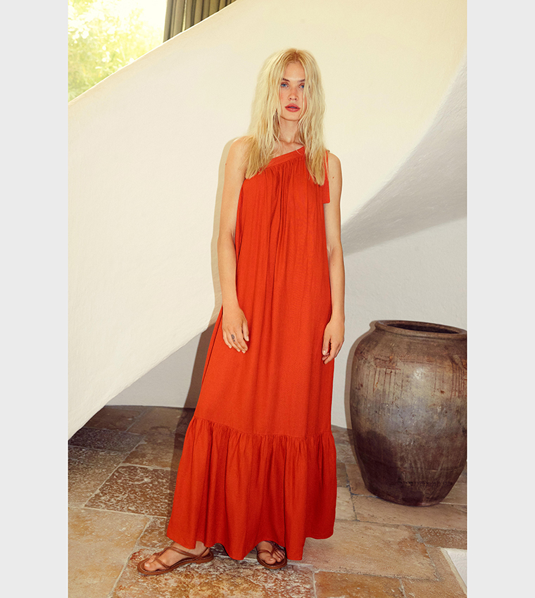 Buy Warehouse Linen One Shoulder Tiered Maxi Dress In Red