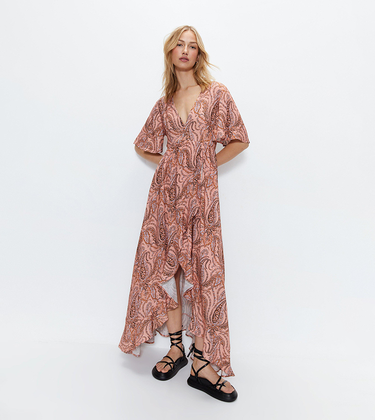 Buy Warehouse Paisley Cut Out Ruffle Printed Midi Dress In APRICOT