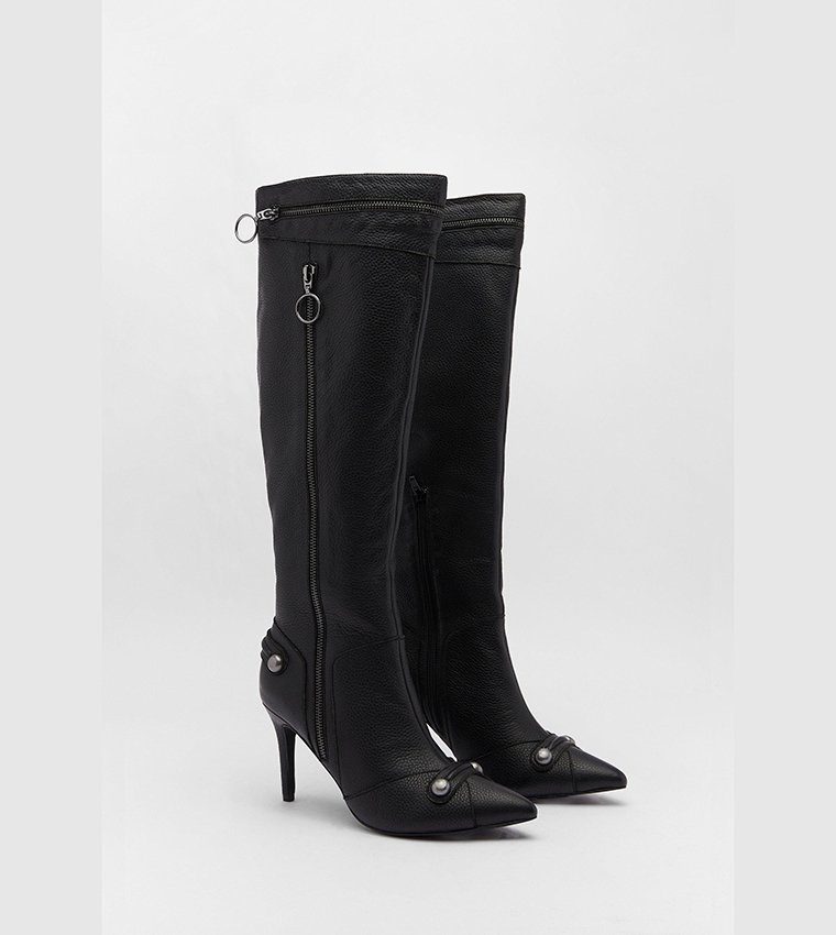 Buy Warehouse Leather Zip And Stud Pointed Toe Knee High Boots In
