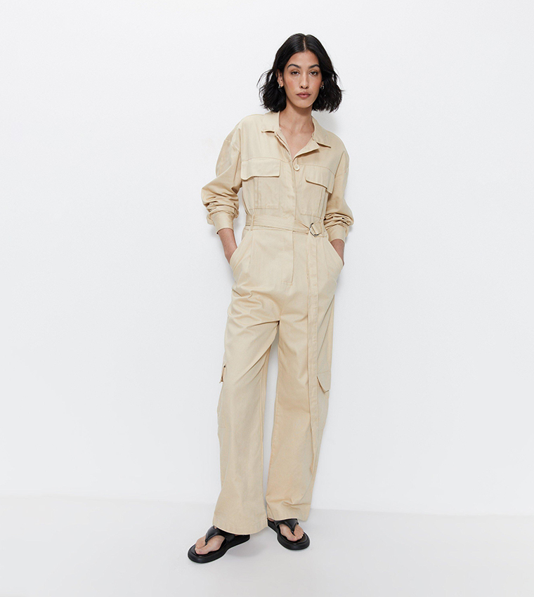 Buy Warehouse Utility Belted Jumpsuit In Beige