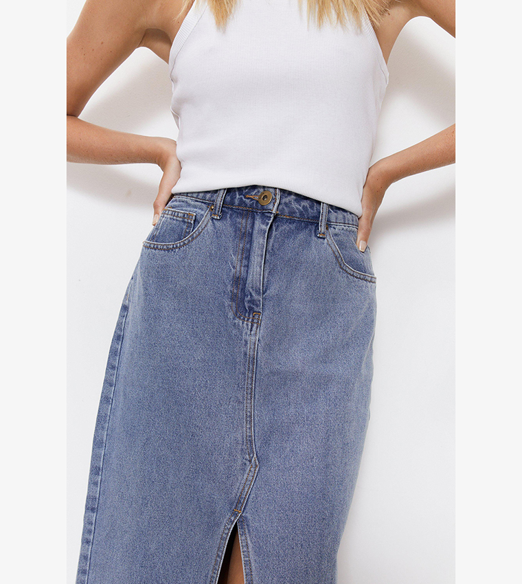 Blue Denim Bodycon Split Skirt