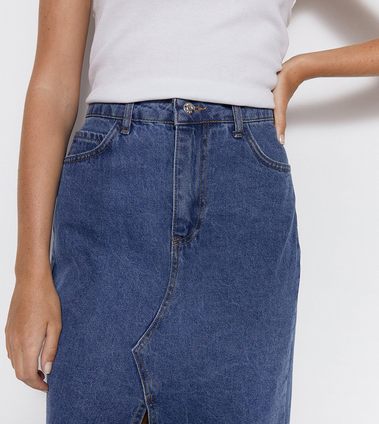 Buy Warehouse Front Split Denim Midi Skirt In Navy | 6thStreet UAE