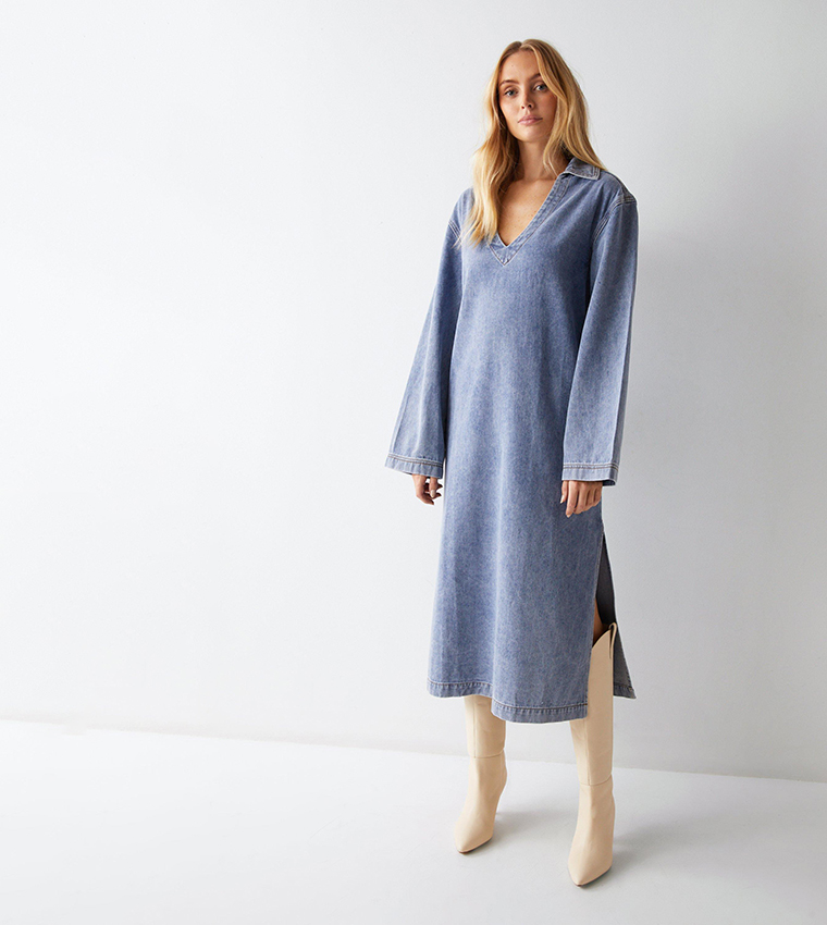 Buy Warehouse Denim Long Sleeves Midi Smock Dress In Blue