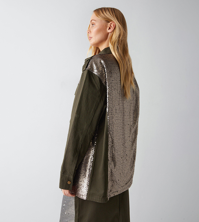 Buy Warehouse Sequin Twill Oversized Shacket In Khaki 6thStreet Bahrain