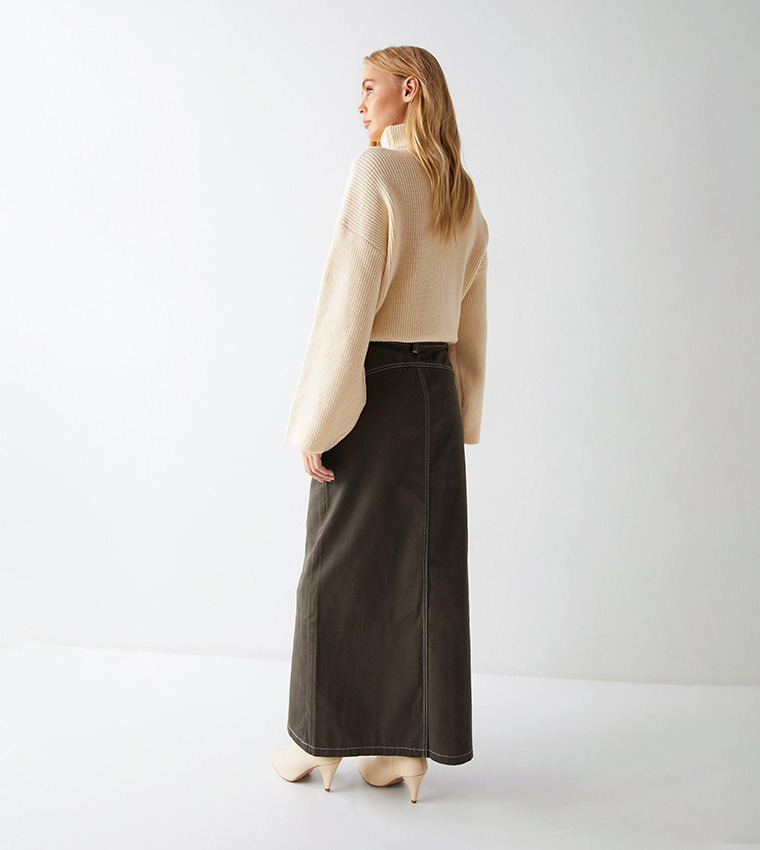 Buy Warehouse Zip Through Twill Maxi Skirt In Khaki 6thStreet Bahrain