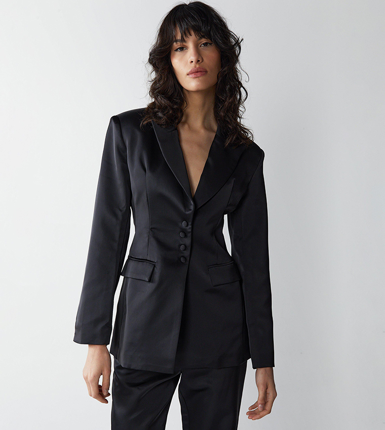 Buy Warehouse Premium Satin Cinched Waist Blazer In Black | 6thStreet UAE