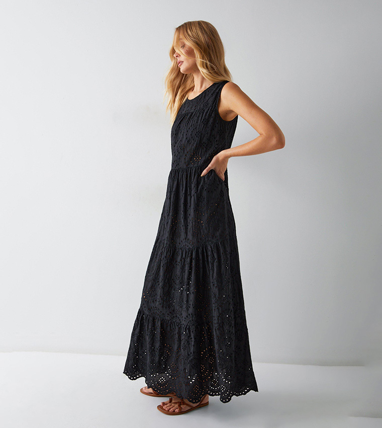 Buy Warehouse Broderie Tiered Sleeveless Maxi Beach Dress In Black