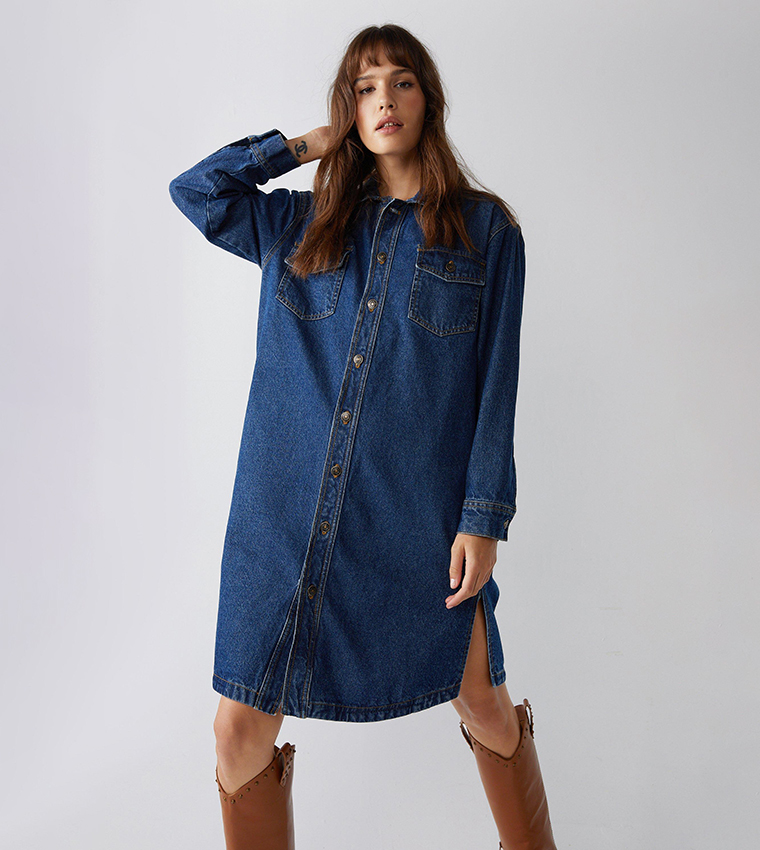 Buy Warehouse The Longline Denim Shirt Dress In Blue 6thStreet UAE