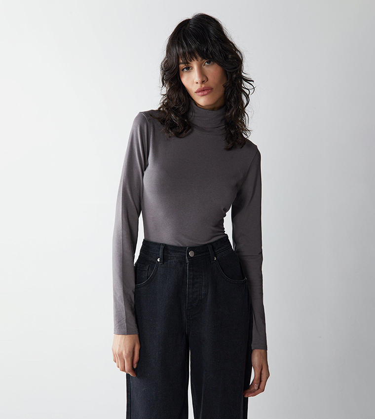 Srroman Roll Neck Tops T Shirts Charcoal Melange