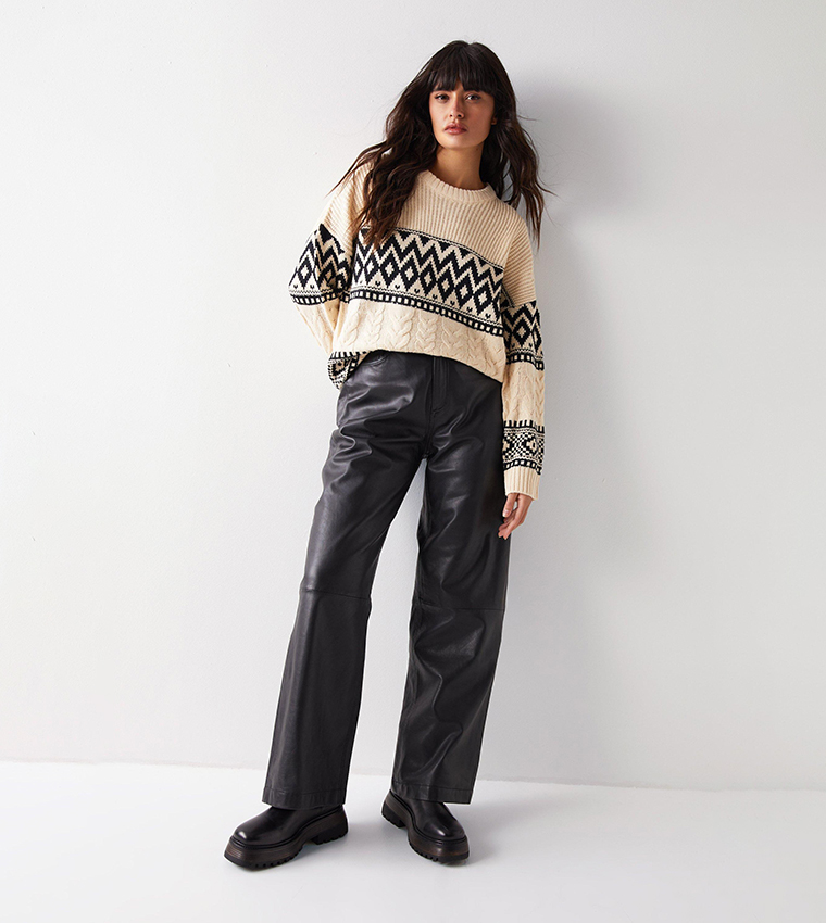 Buy Warehouse Oversized Jacquard Cable Knit Jumper In Beige