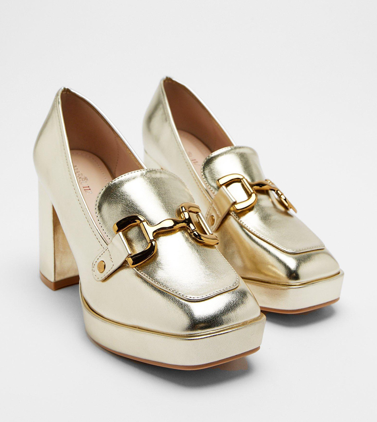 Buy Warehouse Faux Leather Platform Mary Janes Shoes In Gold