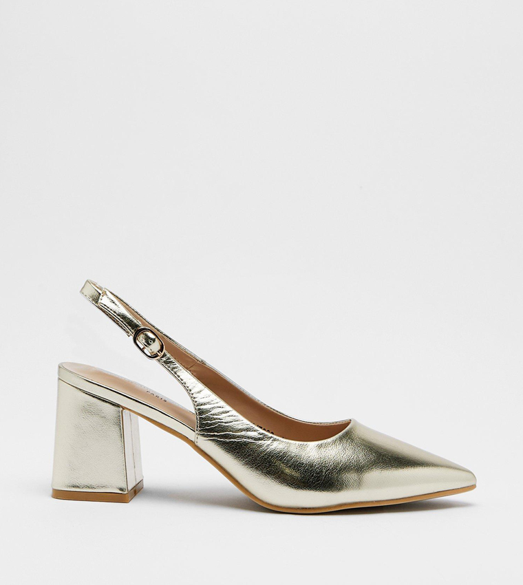 Buy Warehouse Faux Leather Block Heel Slingback Pumps In Gold | 6thStreet Kuwait