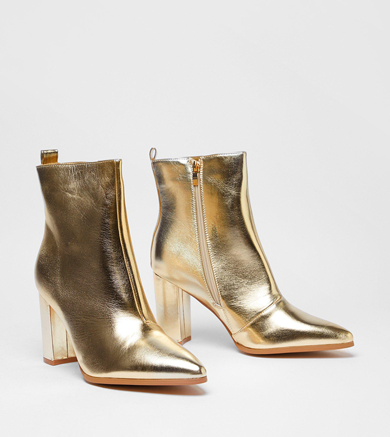 Buy Warehouse Block Heel Pointed Toe Ankle Boots In Gold | 6thStreet Qatar