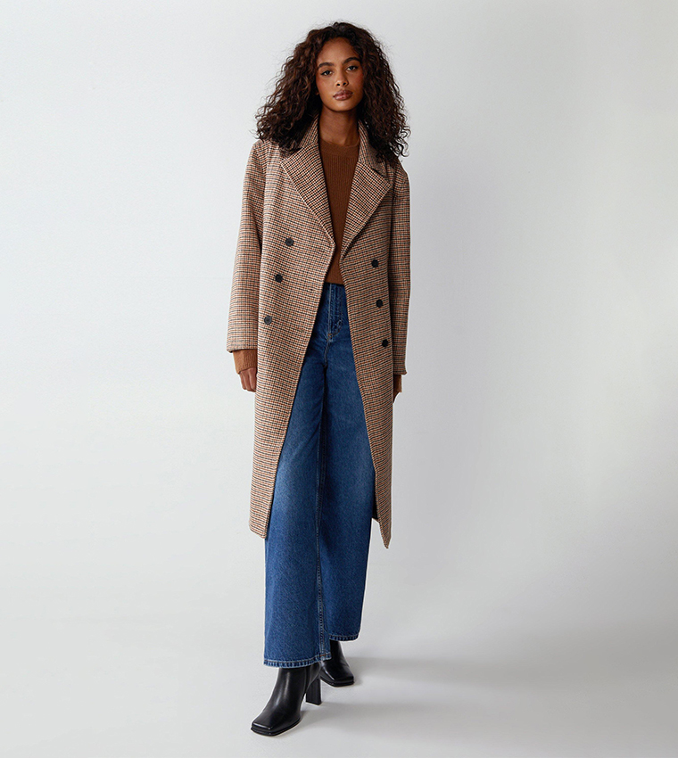 Buy Warehouse Checked Wool Double Breasted Boyfriend Coat In Brown ...