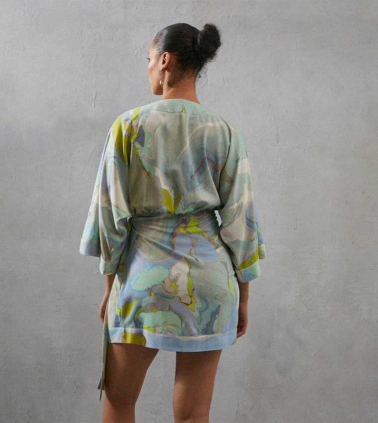 Buy Warehouse Linen Wrap Marble Print Kimono Mini Dress In Multiple Colors  | 6thstreet Saudi Arabia
