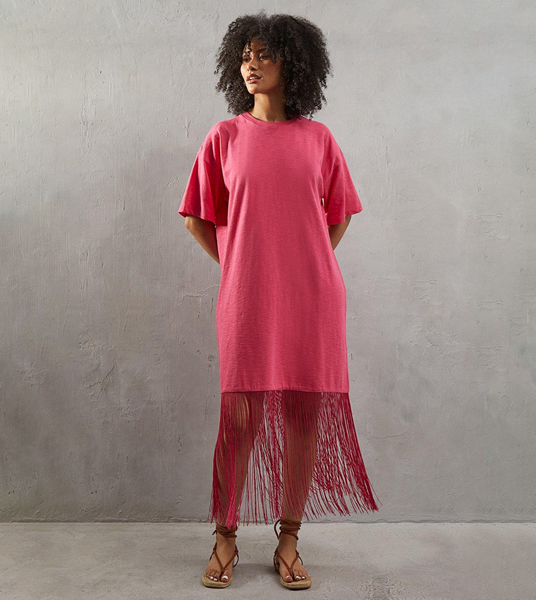 Buy Warehouse Boxy Fringe Hem T Shirt Dress In Pink 6thStreet Bahrain