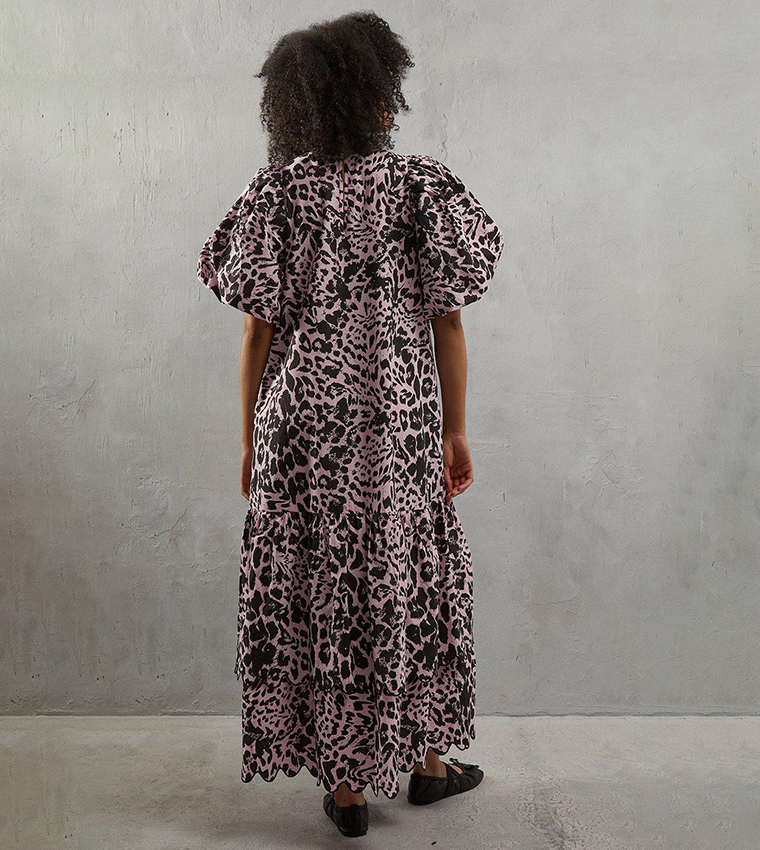 Leopard Print Puff Sleeves Layered Dress