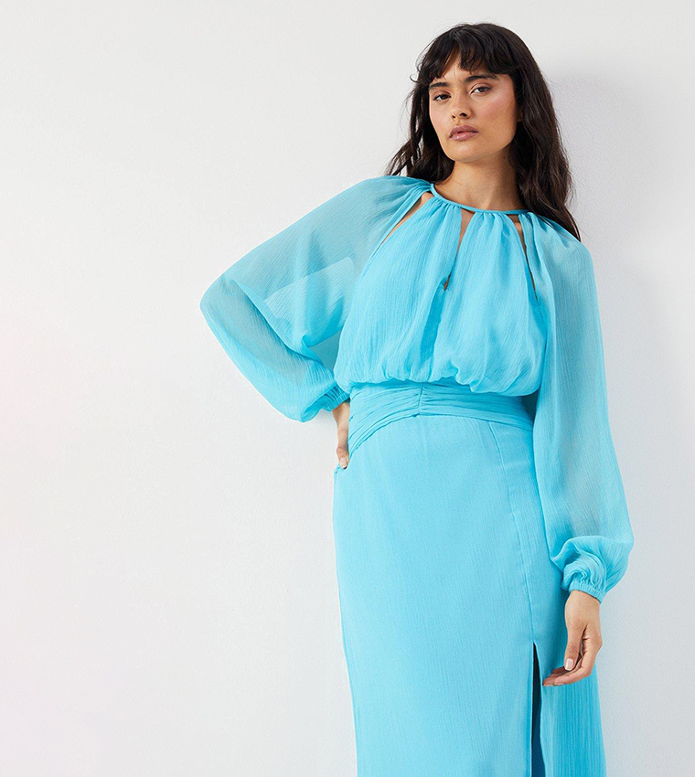 Chiffon Cut Out Detail Volume Sleeves Maxi Dress