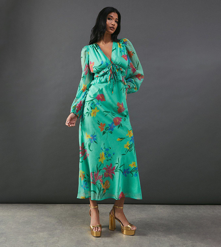 Buy Warehouse Chiffon Floral Print Ruffle Midi Tea Dress In Green |  6thStreet Bahrain