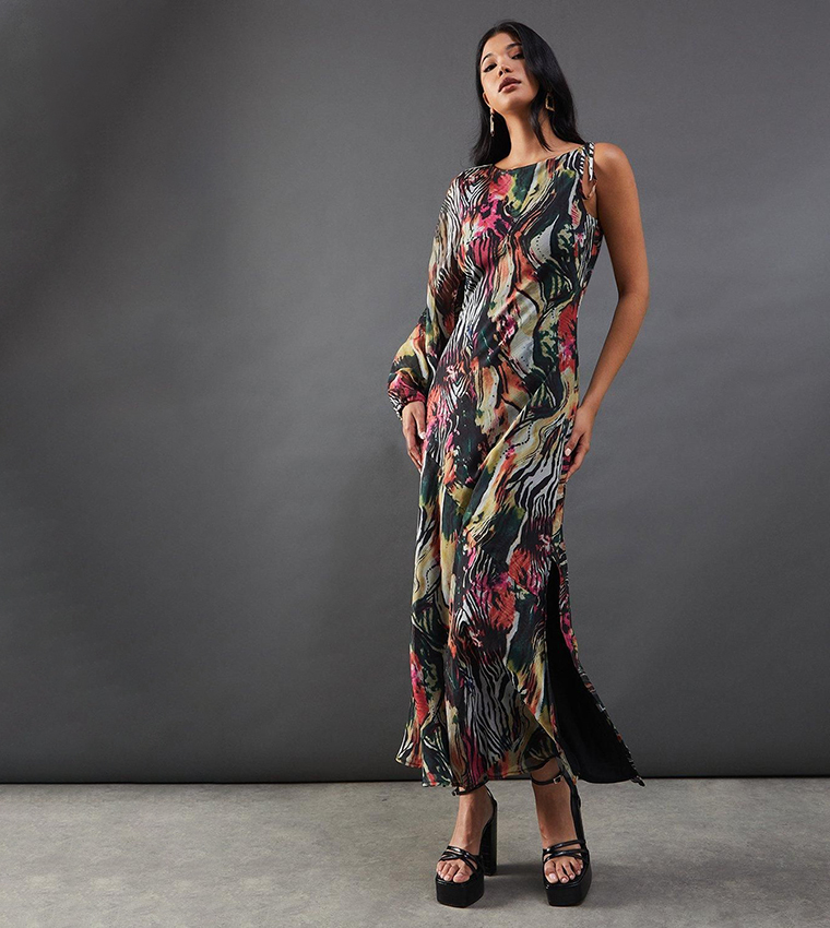 sachin and babi light blue dress Brown boohoo Leopard Chiffon Bardot Volume Maxi Dress