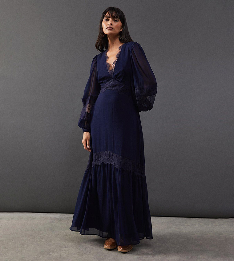 Buy Warehouse Lace Trim Plunge Neck Maxi Dress In Navy | 6thStreet UAE