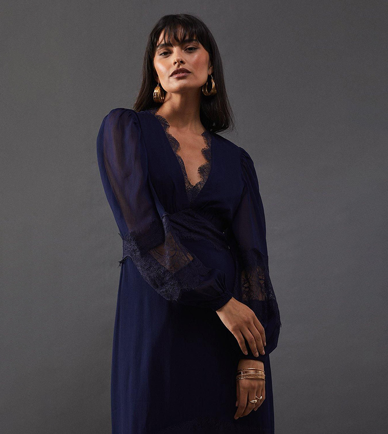 Buy Warehouse Lace Trim Plunge Neck Maxi Dress In Navy | 6thStreet UAE Buy Warehouse Lace Trim Plunge Neck Maxi Dress In Navy | 6thStreet UAE