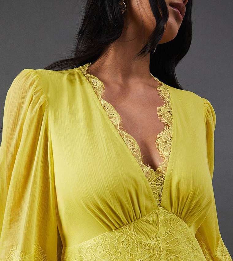 Buy Warehouse Lace Trim Plunge Neck Maxi Dress In Yellow | 6thstreet Qatar Buy Warehouse Lace Trim Plunge Neck Maxi Dress In Yellow | 6thstreet Qatar