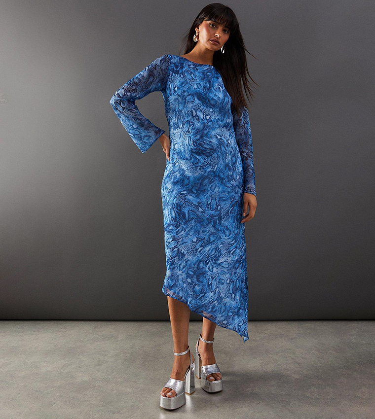 Buy Warehouse Chiffon Snake Print Asymmetric Hem Flute Sleeves Midi Dress In Blue 6thStreet Kuwait