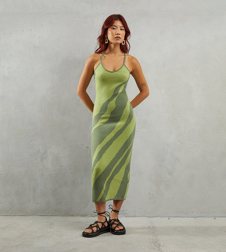 Buy Warehouse Marble Knit Strappy Fitted Midi Dress In Green | 6thstreet  Oman