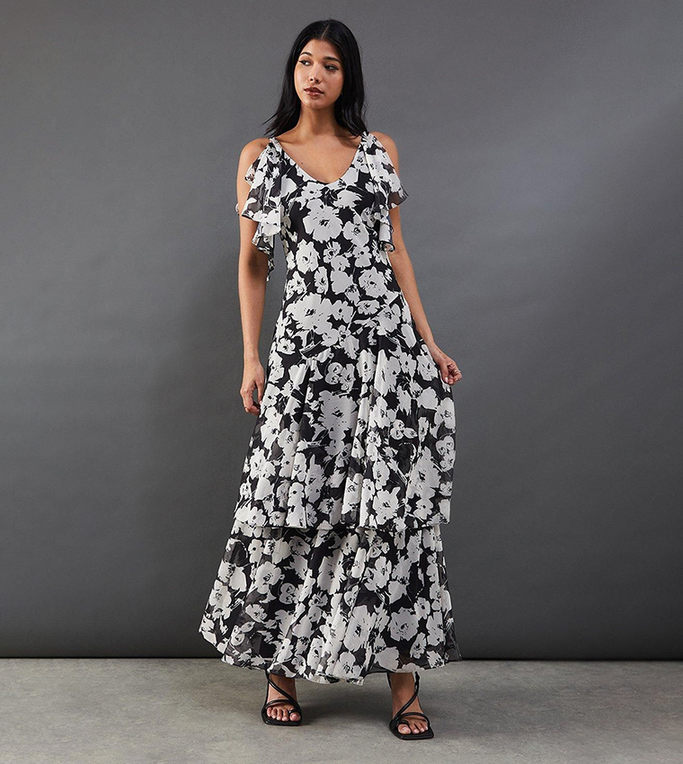 Floral Strappy Chiffon Layered Maxi Dress