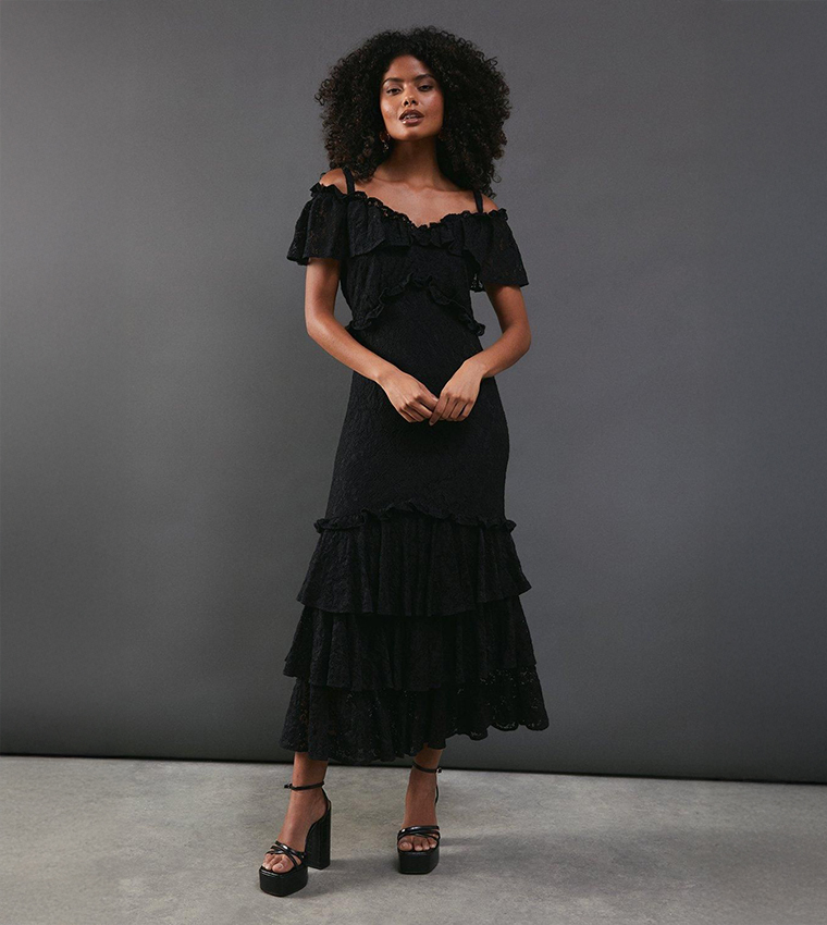 Buy Warehouse Corded Lace Ruffle Fallen Shoulder Midi Dress In
