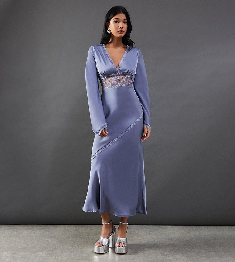 Party Long Sleeve Satin Midi Dress Buy Warehouse Satin Lace Insert Flared  Sleeves Maxi Dress In Blue 6thStreet Qatar