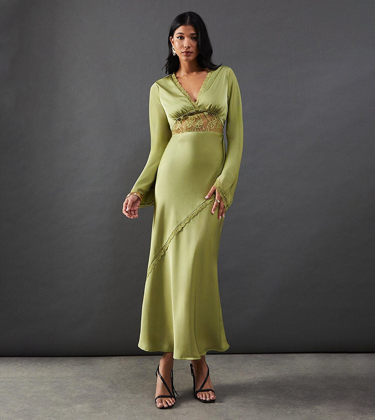 Buy Warehouse Satin Lace Trim Flared Sleeves Maxi Dress In Green