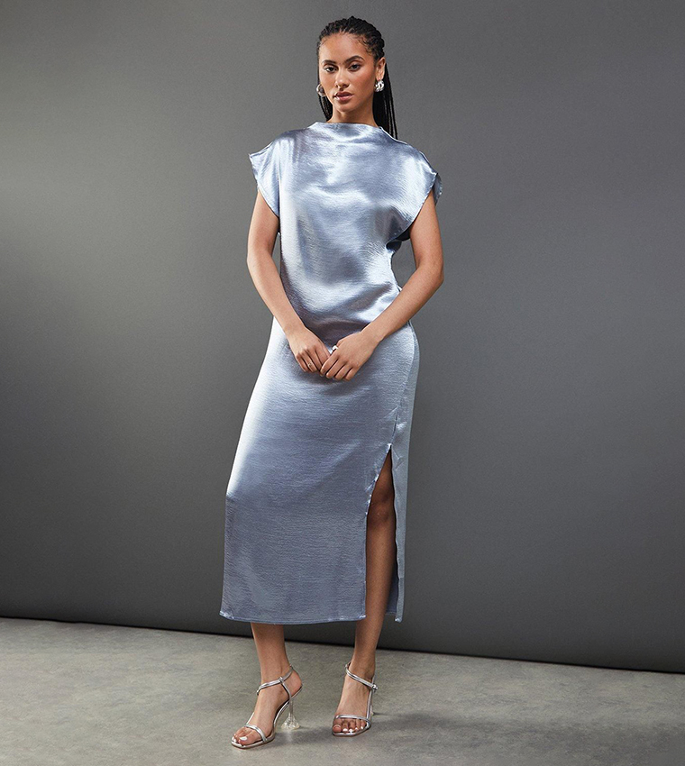 warehouse silver dress High Shine Metallic Satin Column Midi Dress