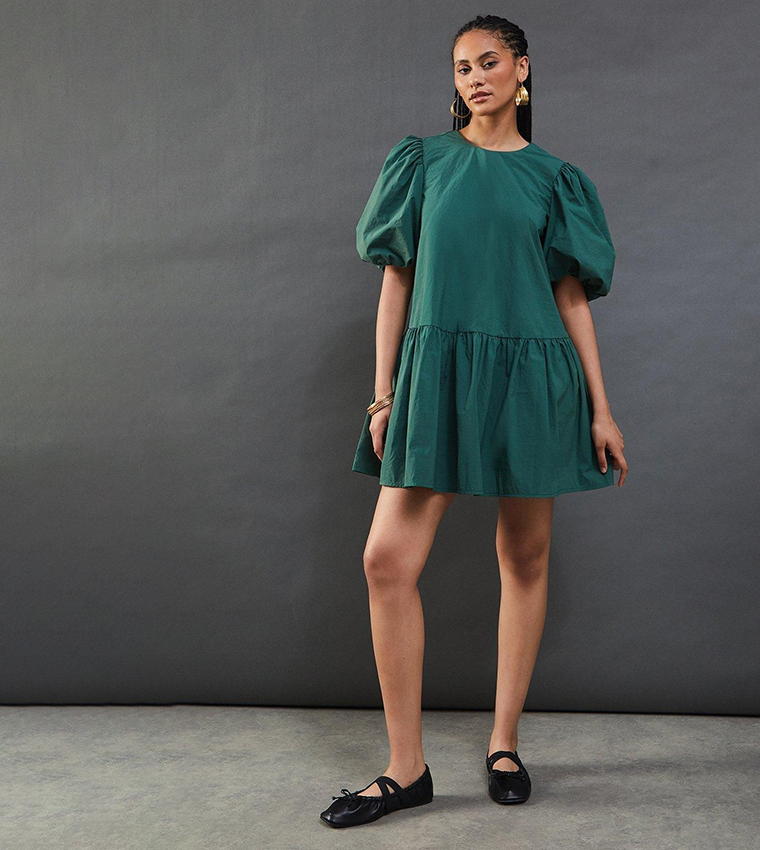 Buy Warehouse Taffeta Drop Waist Mini Smock Dress In Green | 6thstreet Qatar Buy Warehouse Taffeta Drop Waist Mini Smock Dress In Green | 6thstreet Qatar