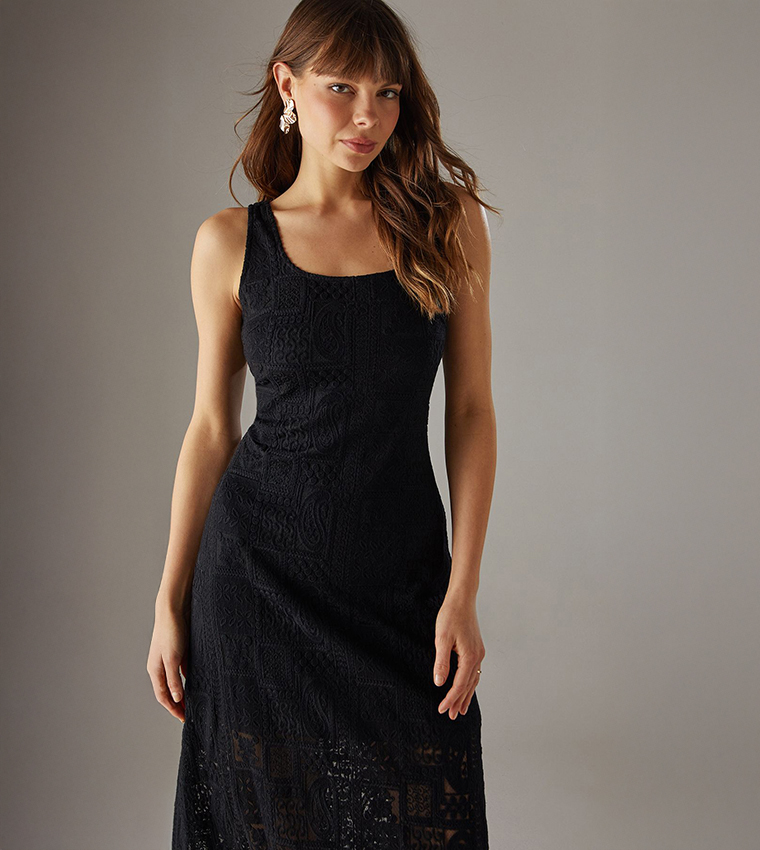 Buy Warehouse Sleeveless Crochet Lace Midi Dress In Black | 6thstreet Qatar