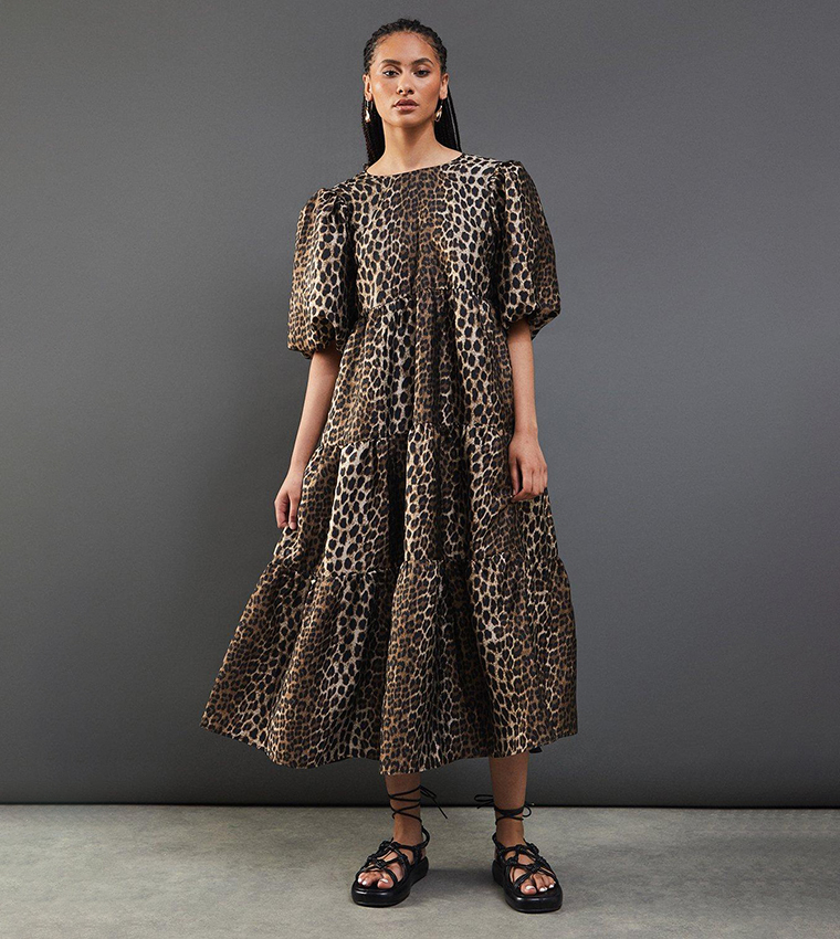 Buy Warehouse Animal Print Organza Puff Sleeves Midi Dress In Brown 6thStreet Oman