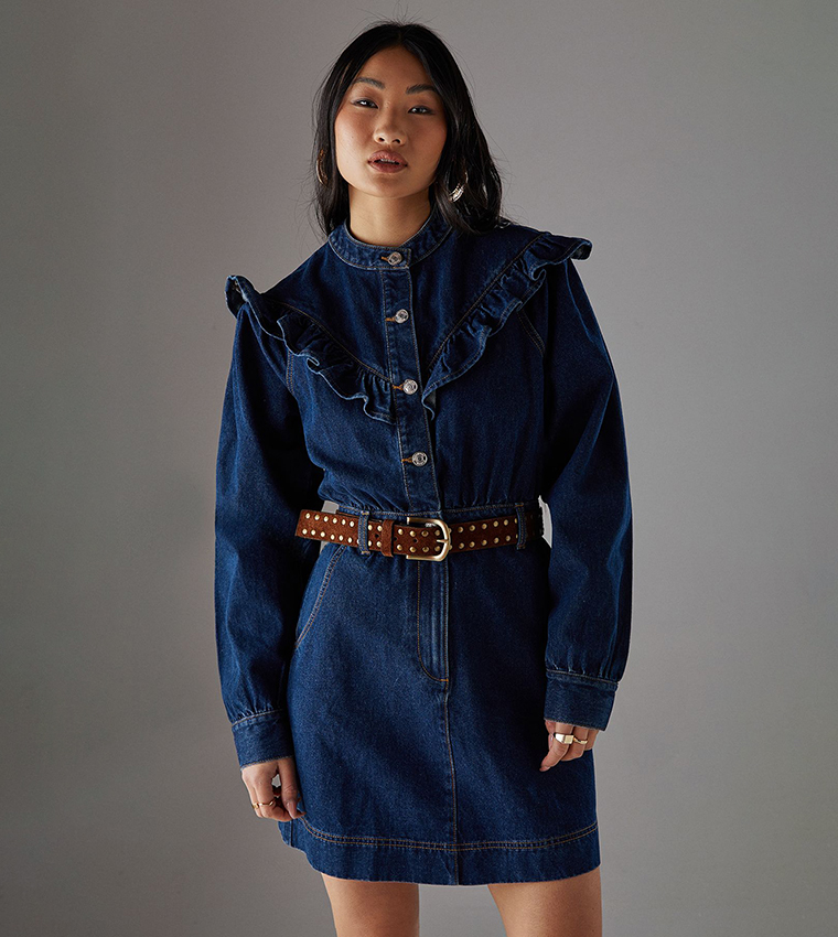 Petite Frill Yoke Relaxed Mini Denim Dress