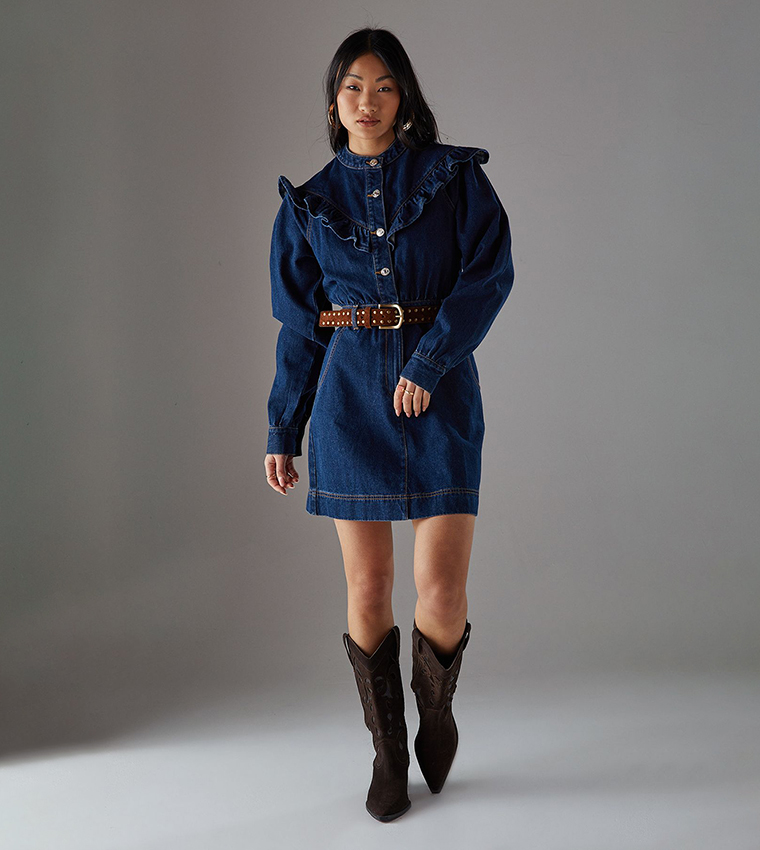 Petite Frill Yoke Relaxed Mini Denim Dress