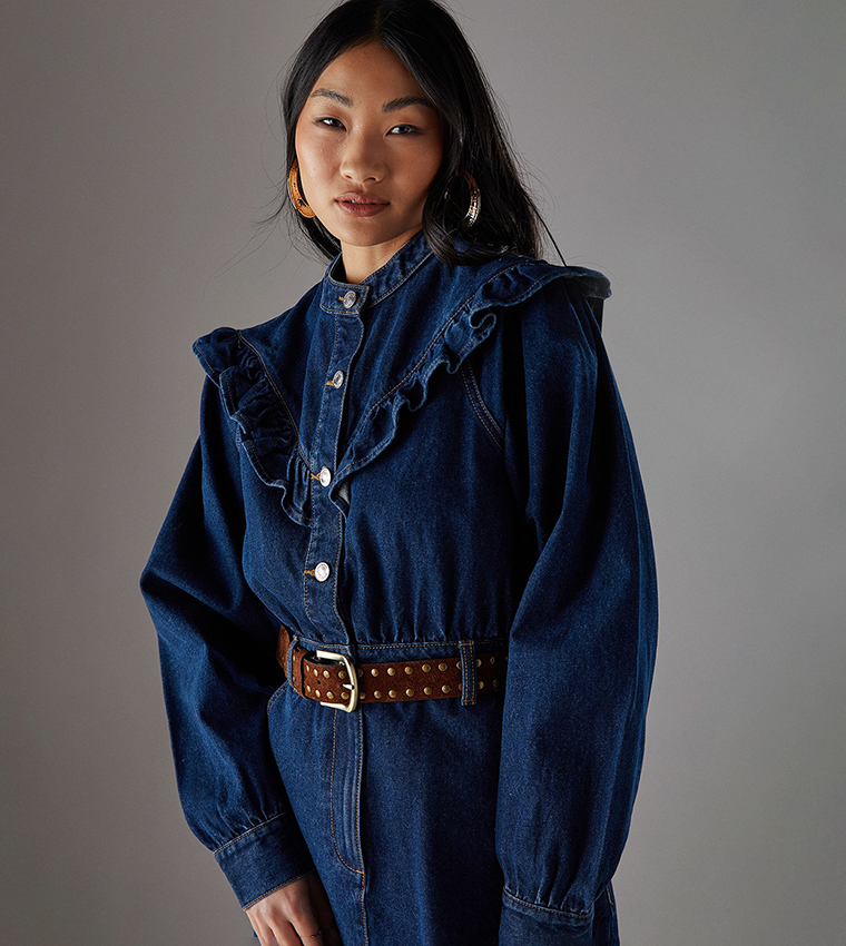 Petite Frill Yoke Relaxed Mini Denim Dress