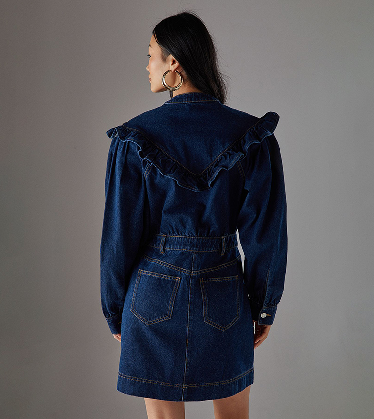 Petite Frill Yoke Relaxed Mini Denim Dress