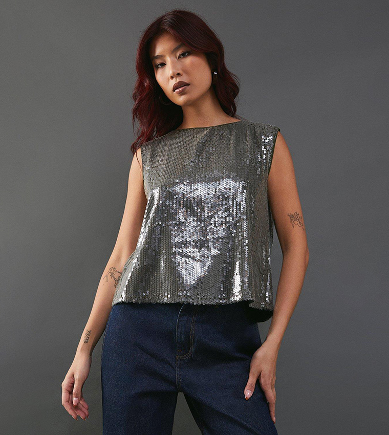 Buy Warehouse Sequin Sleeveless Top In Grey | 6thStreet Bahrain