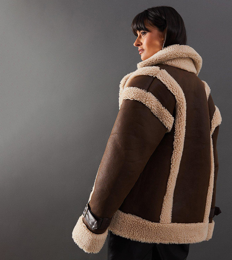 Buy Warehouse Wool Lined Shearling Biker Jacket In Brown - Main Image