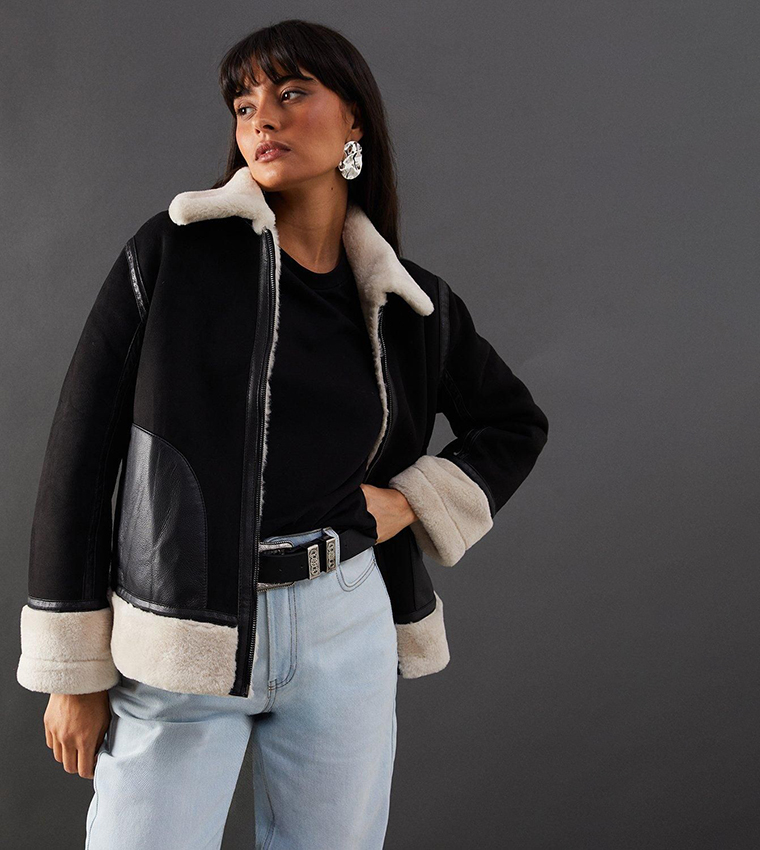 Buy Warehouse Contrast Faux Fur Lined Shearling Zip Through Coat
