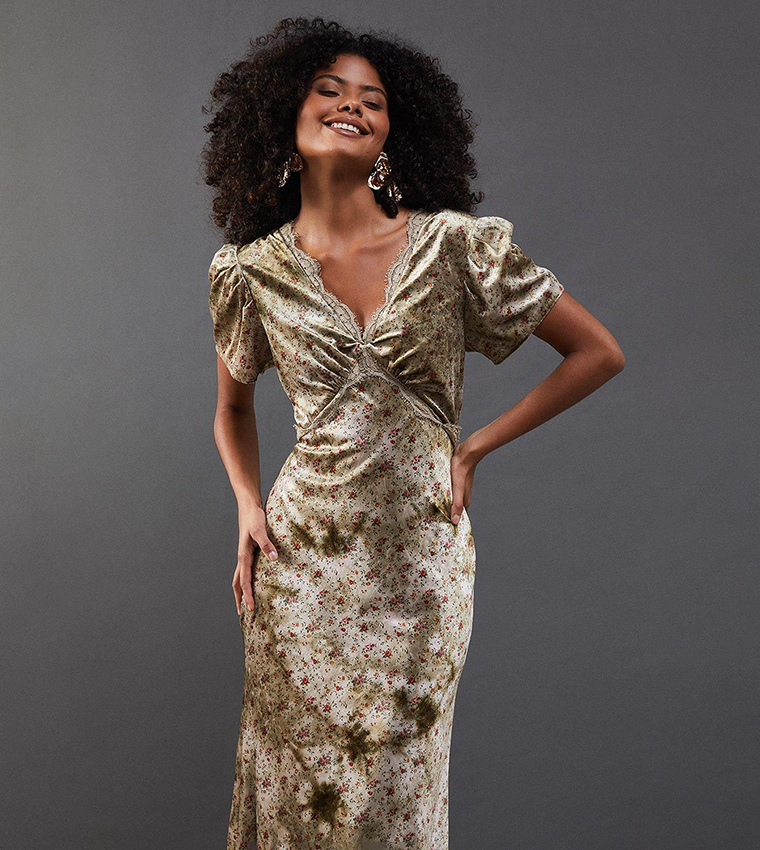 warehouse dress green Warehouse Women's Metallic Chiffon One Shoulder Bias Midi Dress in Green