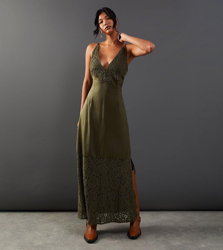 Buy Warehouse Satin Lace Paneling Maxi Slip Dress In Green