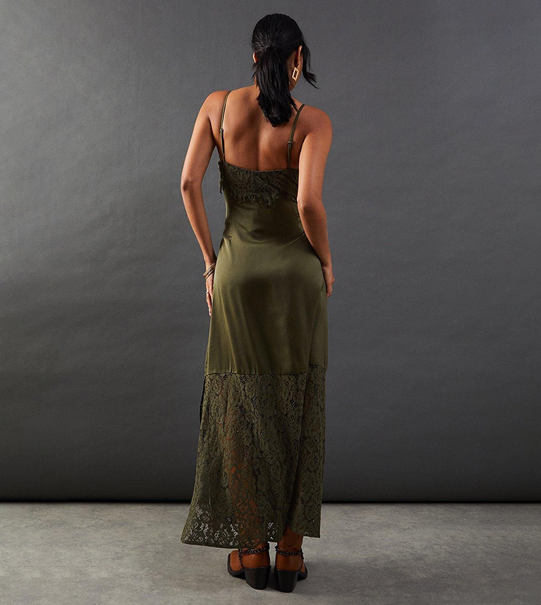 Buy Warehouse Satin Lace Paneling Maxi Slip Dress In Green