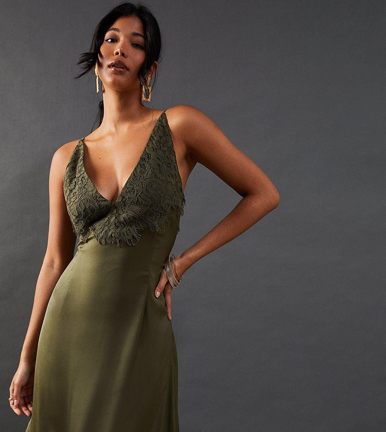 Buy Warehouse Satin Lace Paneling Maxi Slip Dress In Green