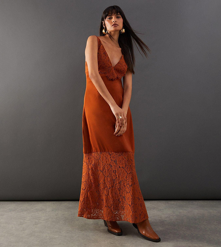 Buy Warehouse Satin Lace Paneling Maxi Slip Dress In Orange | 6thStreet  Qatar
